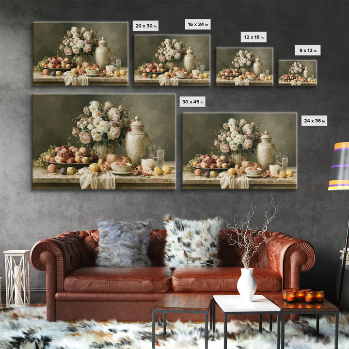 Classic Dutch Feast Arrangement Framed Canvas Print, Dining Room Art, Food Art, Dining Room Decor, Oil Painting, Dining, DRA-3x2-47