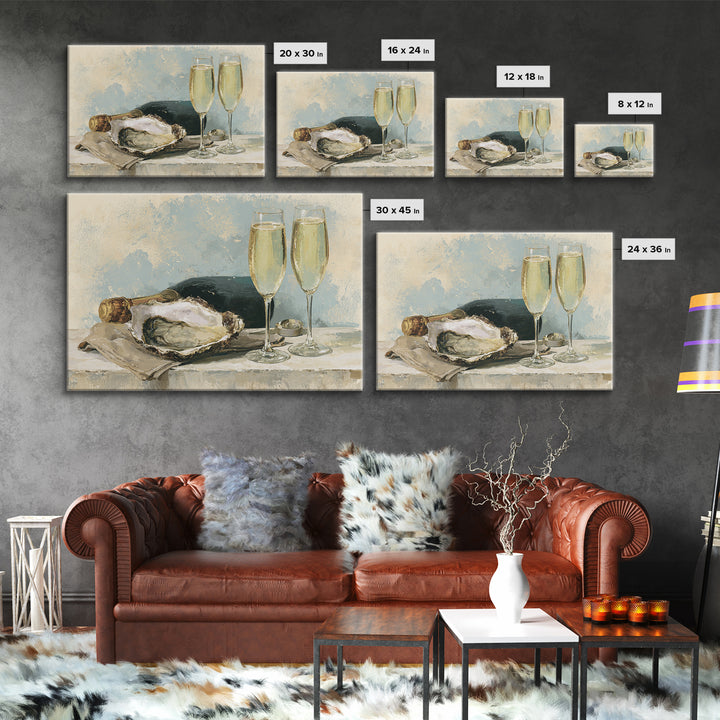 Elegant Oyster and Champagne Still Life Framed Canvas Print, Dining Room Art, Kitchen Prints, Dining Room Decor, Oil Painting, DRA-3x2-59