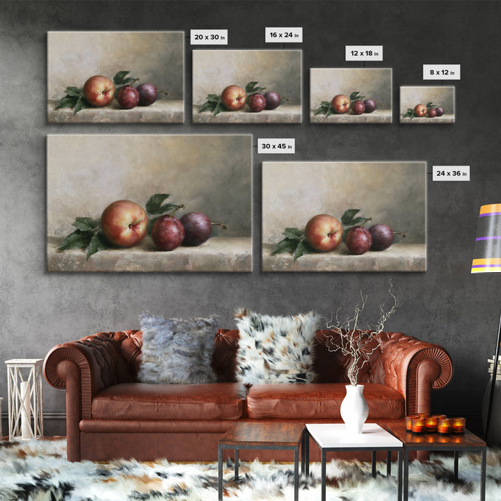 Peach and Plum Still Life Canvas Print, Dining Room Art, Kitchen Wall Decor, Dining Room Decor, Dining, Statement Artwork, DRA-3x2-72