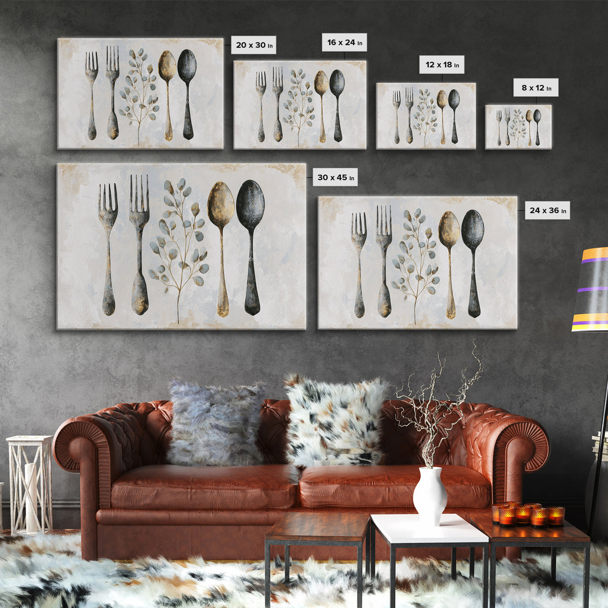 Minimal Fork Spoon and Herb Composition Framed Canvas Print, Dining Room Art, Kitchen Decor, Dining Room Decor, Oil Painting, DRA-3x2-74