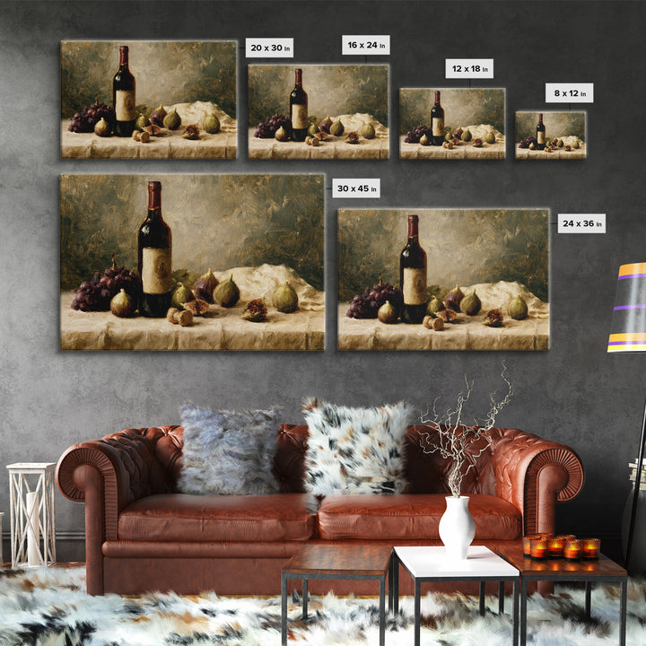 Wine Bottle and Figs on a Linen Framed Canvas Print, Dining Room Art, Kitchen Art, Dining Room Decor, Abstract Art, Dining, DRA-3x2-79
