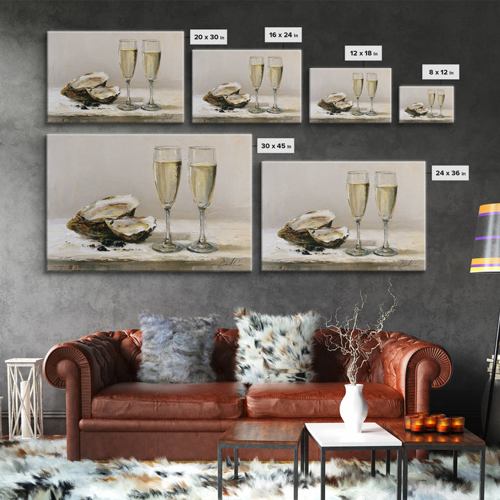 Elegant Oyster and Champagne Still Life Canvas Print, Dining Room Art, Neutral Decor, Dining Room Decor, Fine Art, Dining, DRA-3x2-83