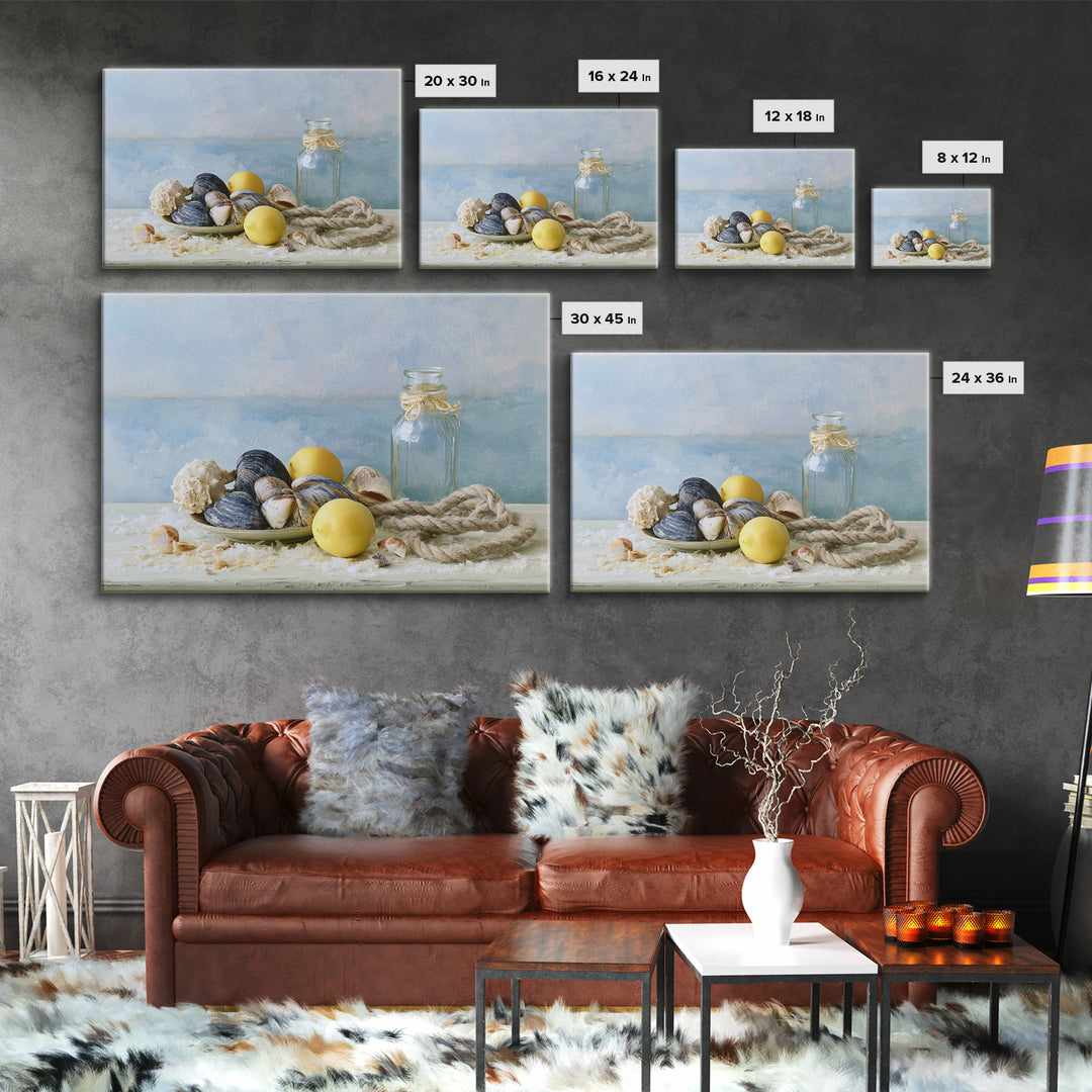 Shellfish and Lemon Still Life Framed Canvas Print, Dining Room Art, Trendy Wall Art, Dining Room Decor, Fine Art, Dining, DRA-3x2-92