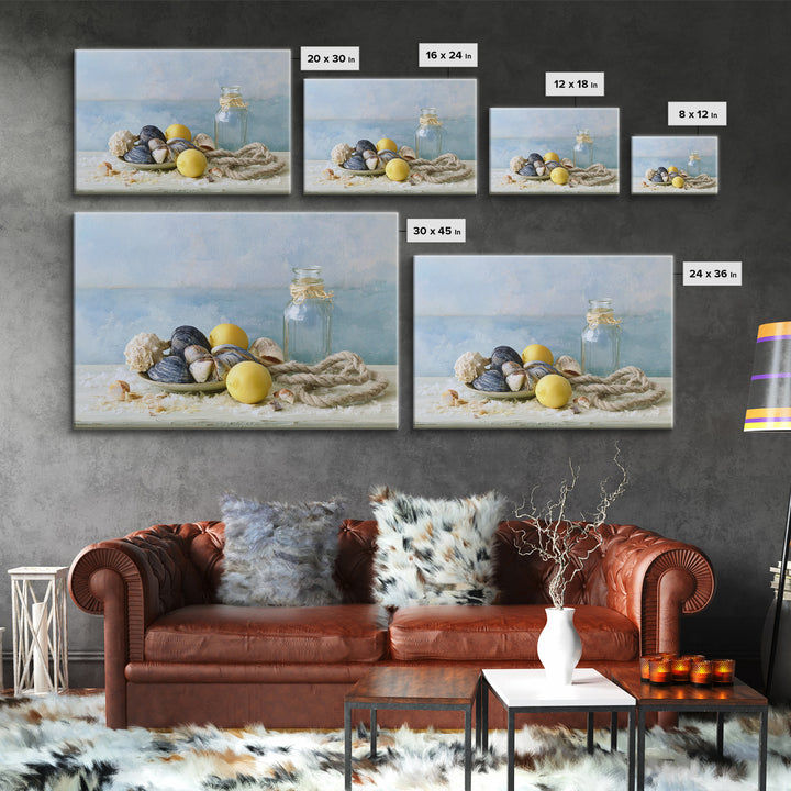Shellfish and Lemon Still Life Framed Canvas Print, Dining Room Art, Trendy Wall Art, Dining Room Decor, Fine Art, Dining, DRA-3x2-92