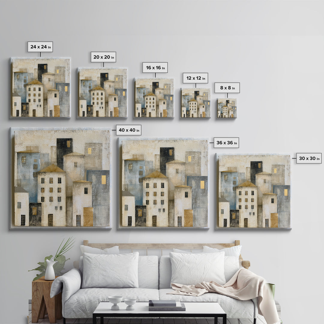 Naive Cityscape with Patterned Windows Framed Canvas Print, Eclectic Art, Art, Living Room Decor, Fine Art, Eclectic, ECL-1x1-12