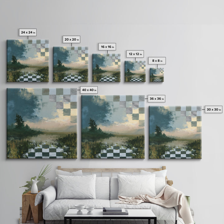 Playful Checkerboard Landscape Framed Canvas Print, Eclectic Art, Printable Wall Art, Living Room Decor, Fine Art, Eclectic, ECL-1x1-33