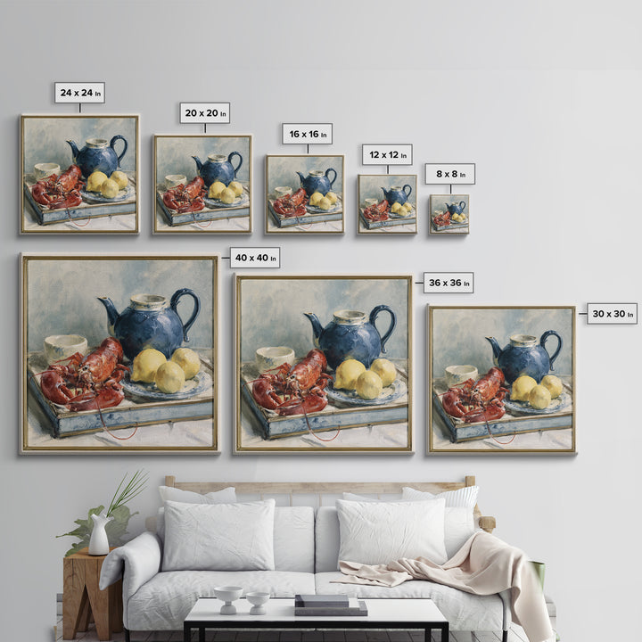 Unexpected Lobster and Lemons Still Life Framed Canvas Print, Eclectic Art, Fine Art Print, Living Room Decor, Abstract Art, ECL-1x1-42