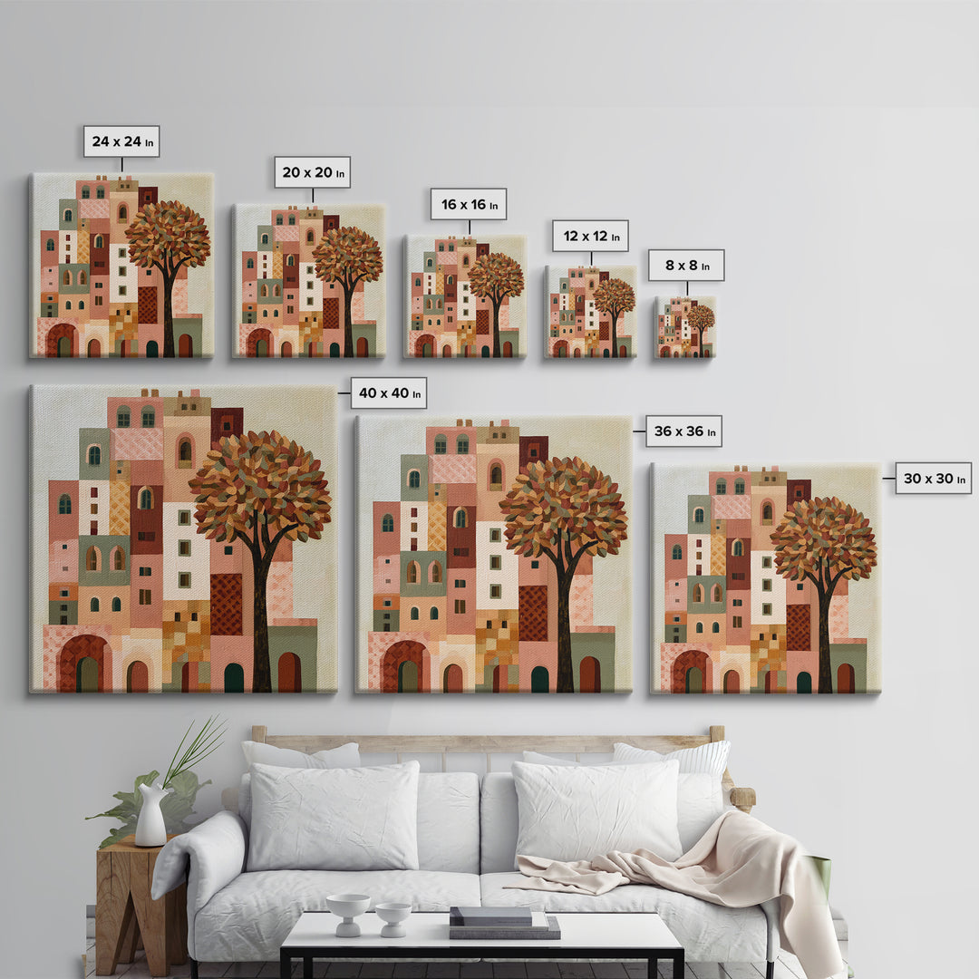 Naive Cityscape with Patterned Windows Canvas Print, Eclectic Art, Portrait, Living Room Decor, Eclectic, Modern Decor, ECL-1x1-60