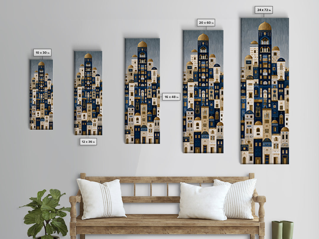 Naive Cityscape with Patterned Windows Framed Canvas Print, Eclectic Art, Portrait, Living Room Decor, Fine Art, Eclectic, ECL-1x3-24