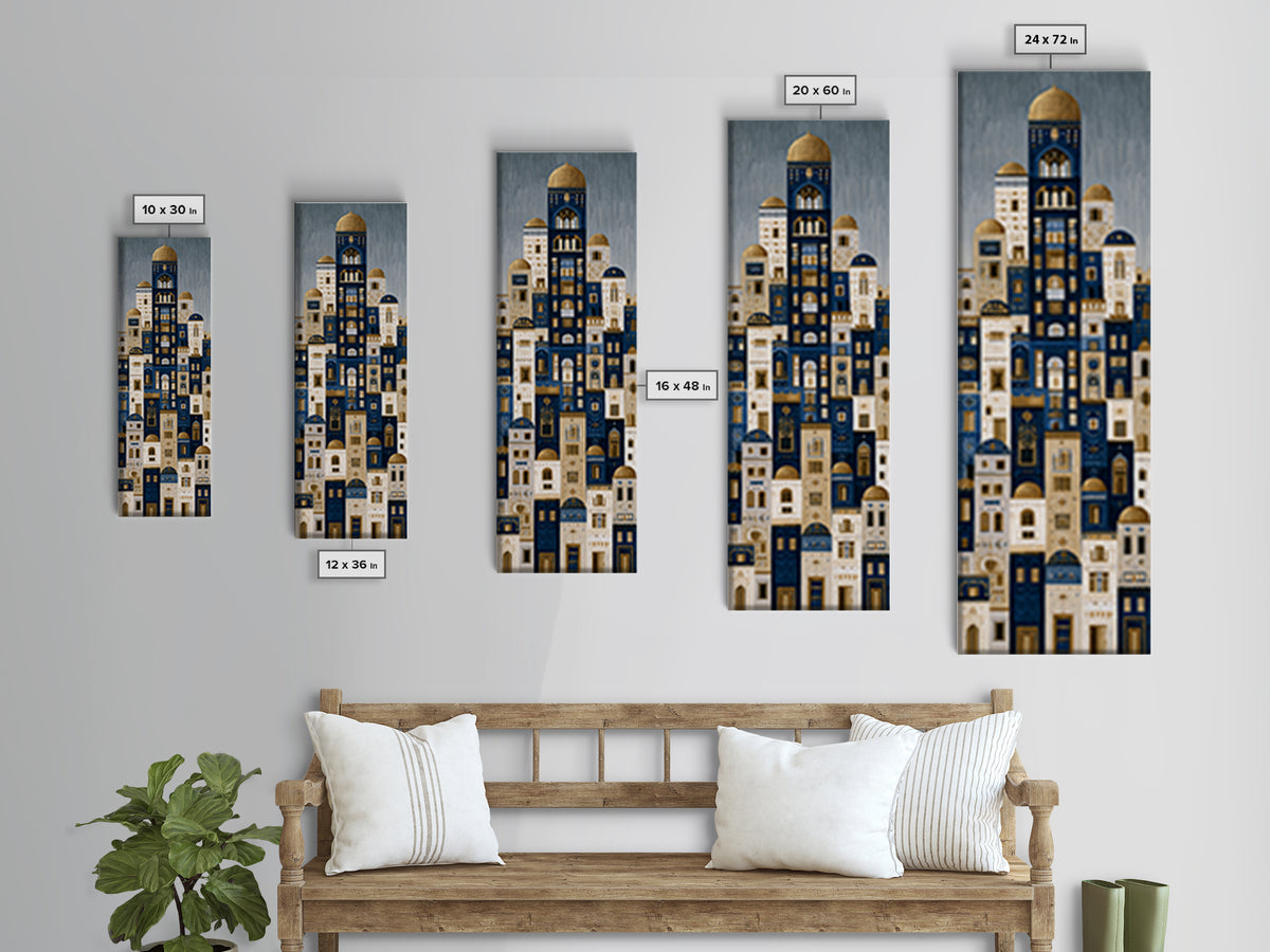Naive Cityscape with Patterned Windows Framed Canvas Print, Eclectic Art, Portrait, Living Room Decor, Fine Art, Eclectic, ECL-1x3-24