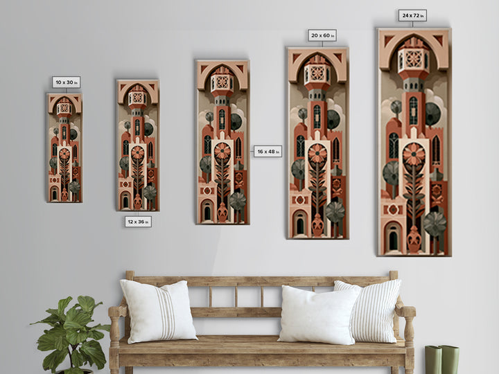 Naive Cityscape with Patterned Windows Canvas Print, Eclectic Art, Boho Wall Art, Living Room Decor, Watercolor Art, Eclectic, ECL-1x3-48