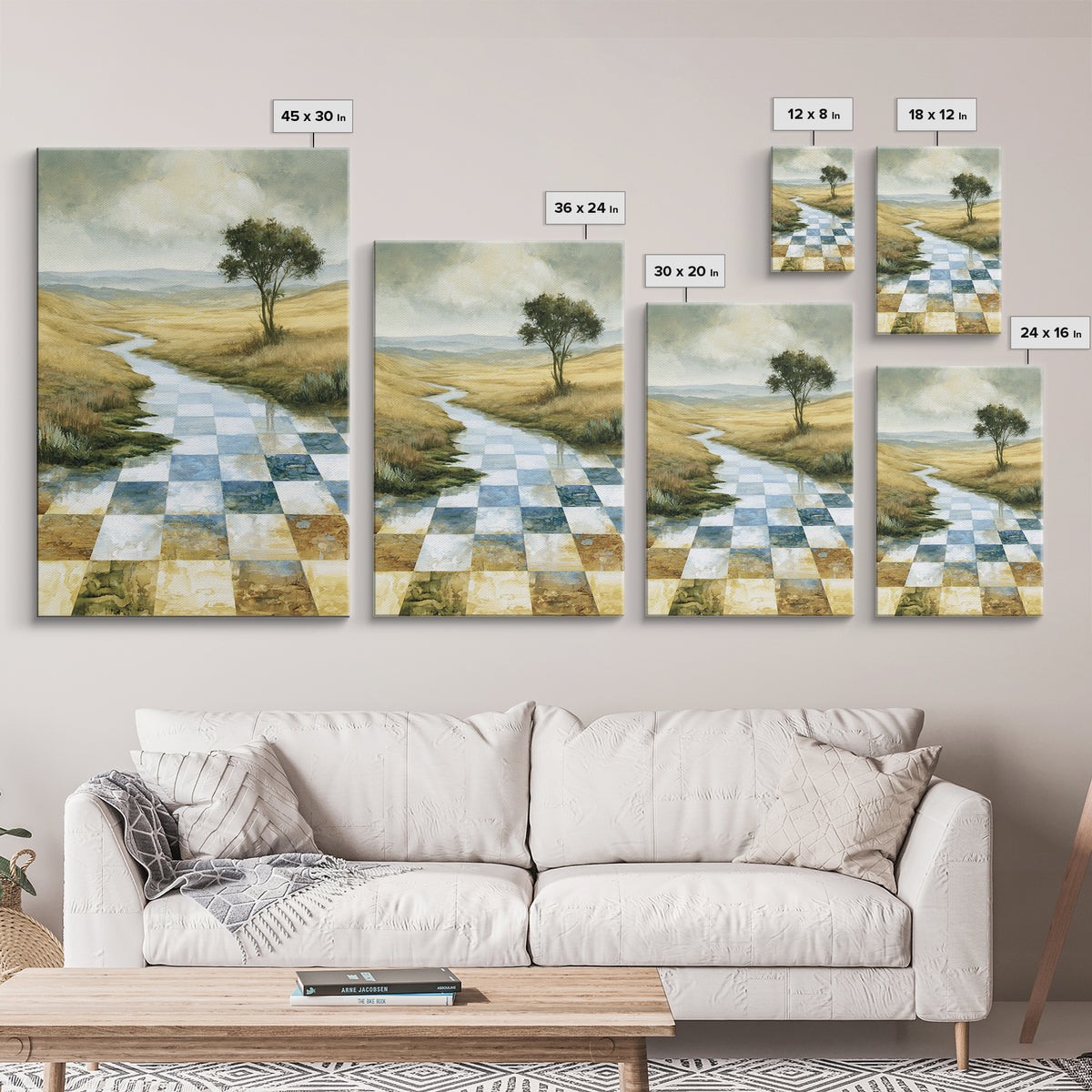Playful Checkerboard Landscape Framed Canvas Print, Eclectic Art, Dopamine Decor, Living Room Decor, Fine Art, Eclectic, ECL-2x3-17