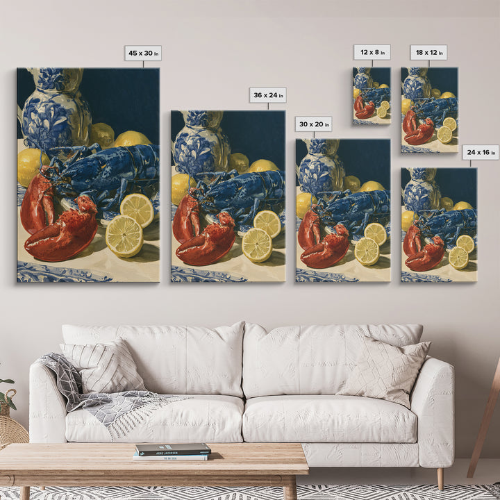 Unexpected Lobster and Lemons Still Life Framed Canvas Print, Eclectic Art, Digital Art, Living Room Decor, Abstract Art, ECL-2x3-2