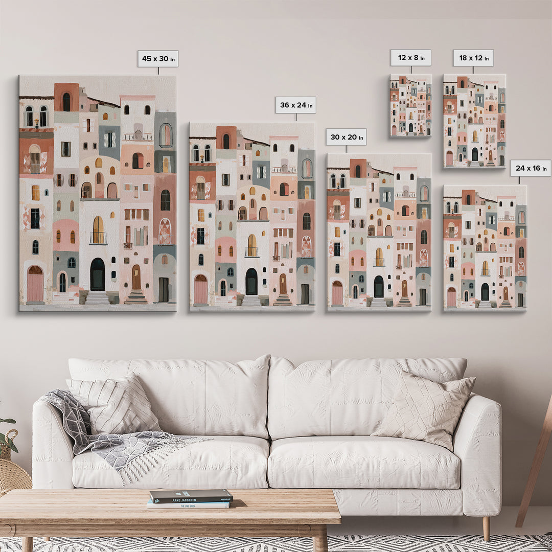 Naive Cityscape with Patterned Windows Framed Canvas Print, Eclectic Art, Neutral Decor, Living Room Decor, Oil Painting, ECL-2x3-20