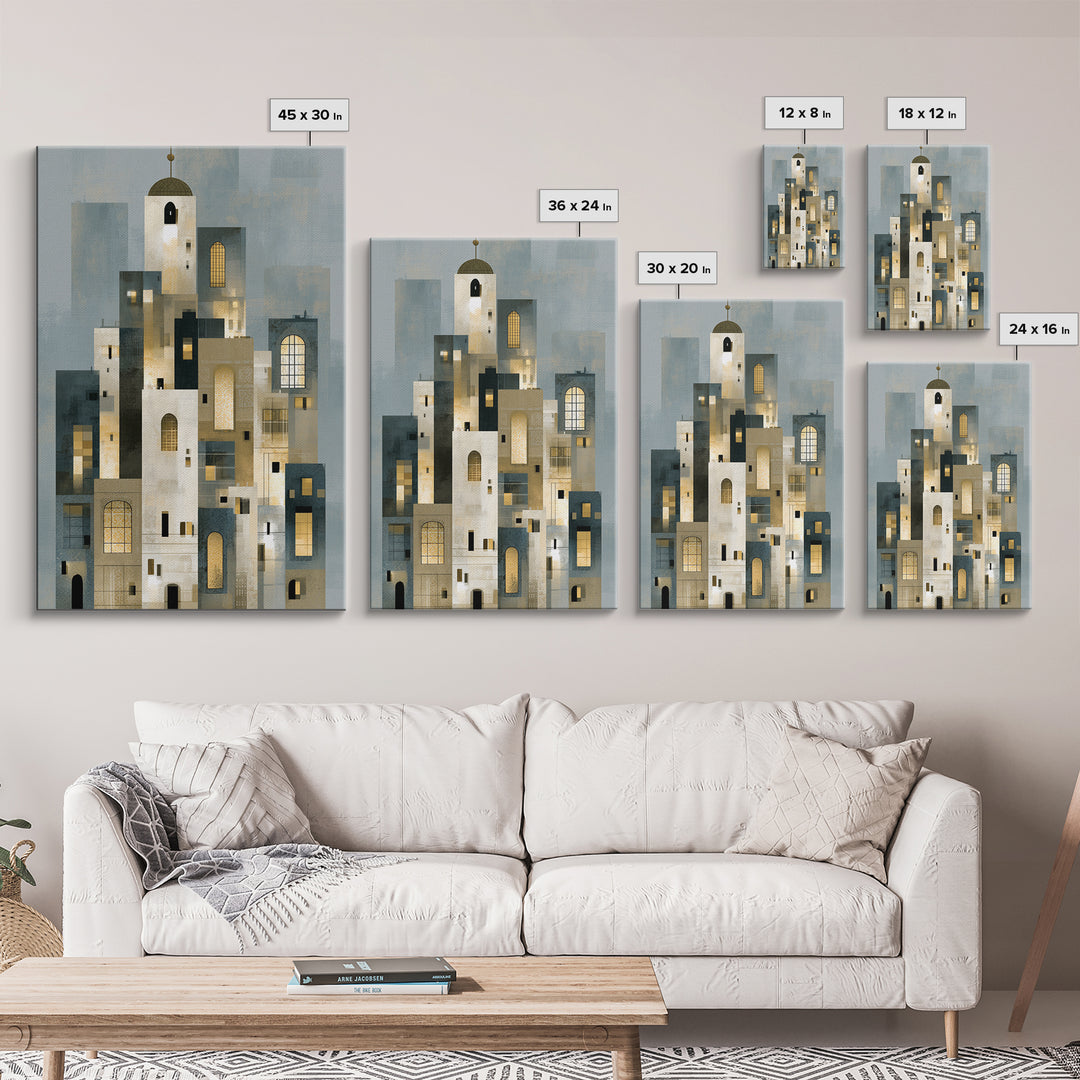 Naive Cityscape with Patterned Windows Framed Canvas Print, Eclectic Art, Living Room Decor, Watercolor Art, Eclectic, ECL-2x3-44
