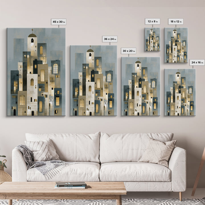 Naive Cityscape with Patterned Windows Framed Canvas Print, Eclectic Art, Living Room Decor, Watercolor Art, Eclectic, ECL-2x3-44