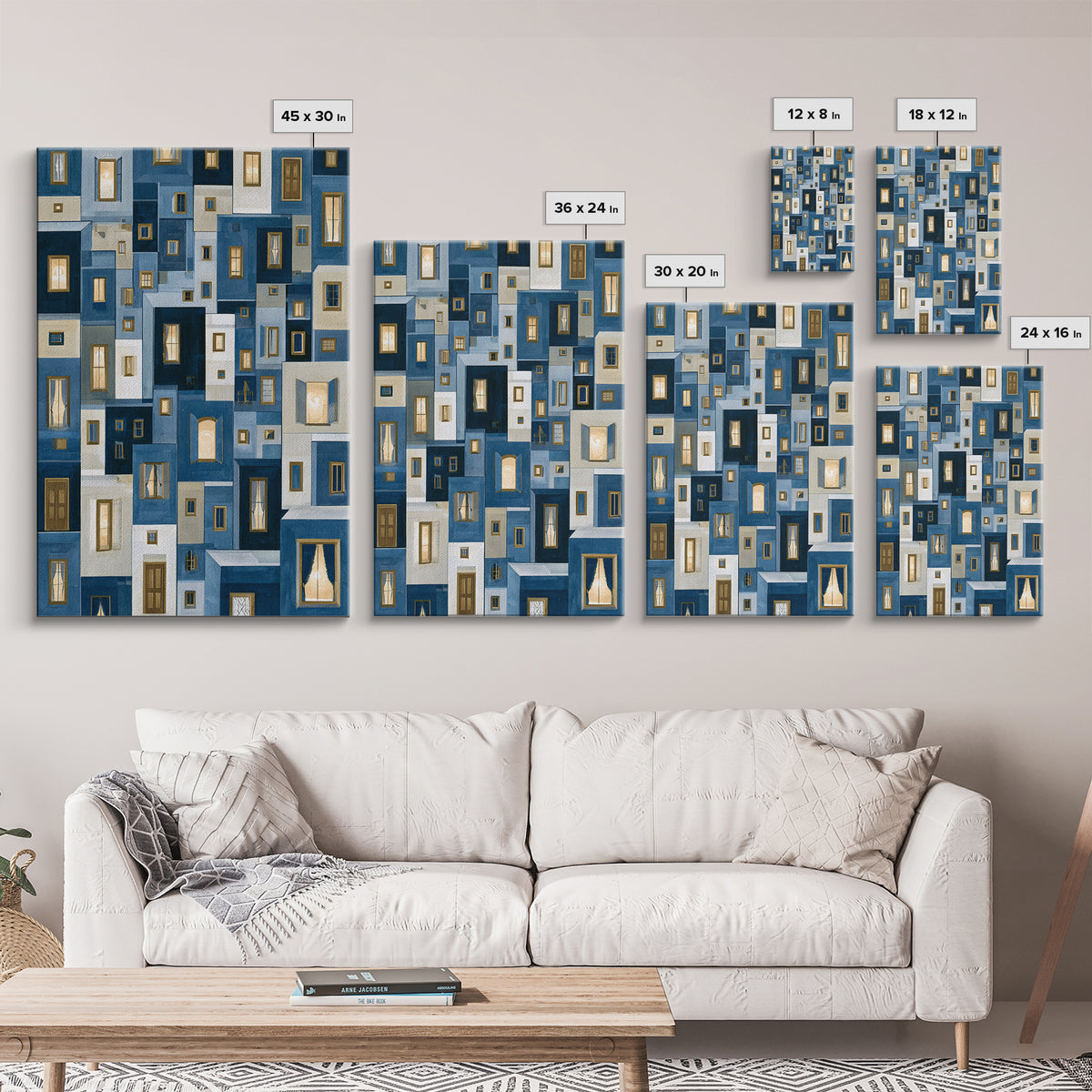 Naive Cityscape with Patterned Windows Framed Canvas Print, Eclectic Art, Luxury Decor, Living Room Decor, Fine Art, Eclectic, ECL-2x3-68