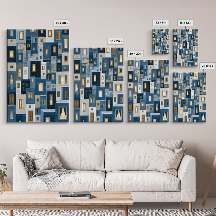 Naive Cityscape with Patterned Windows Framed Canvas Print, Eclectic Art, Luxury Decor, Living Room Decor, Fine Art, Eclectic, ECL-2x3-68