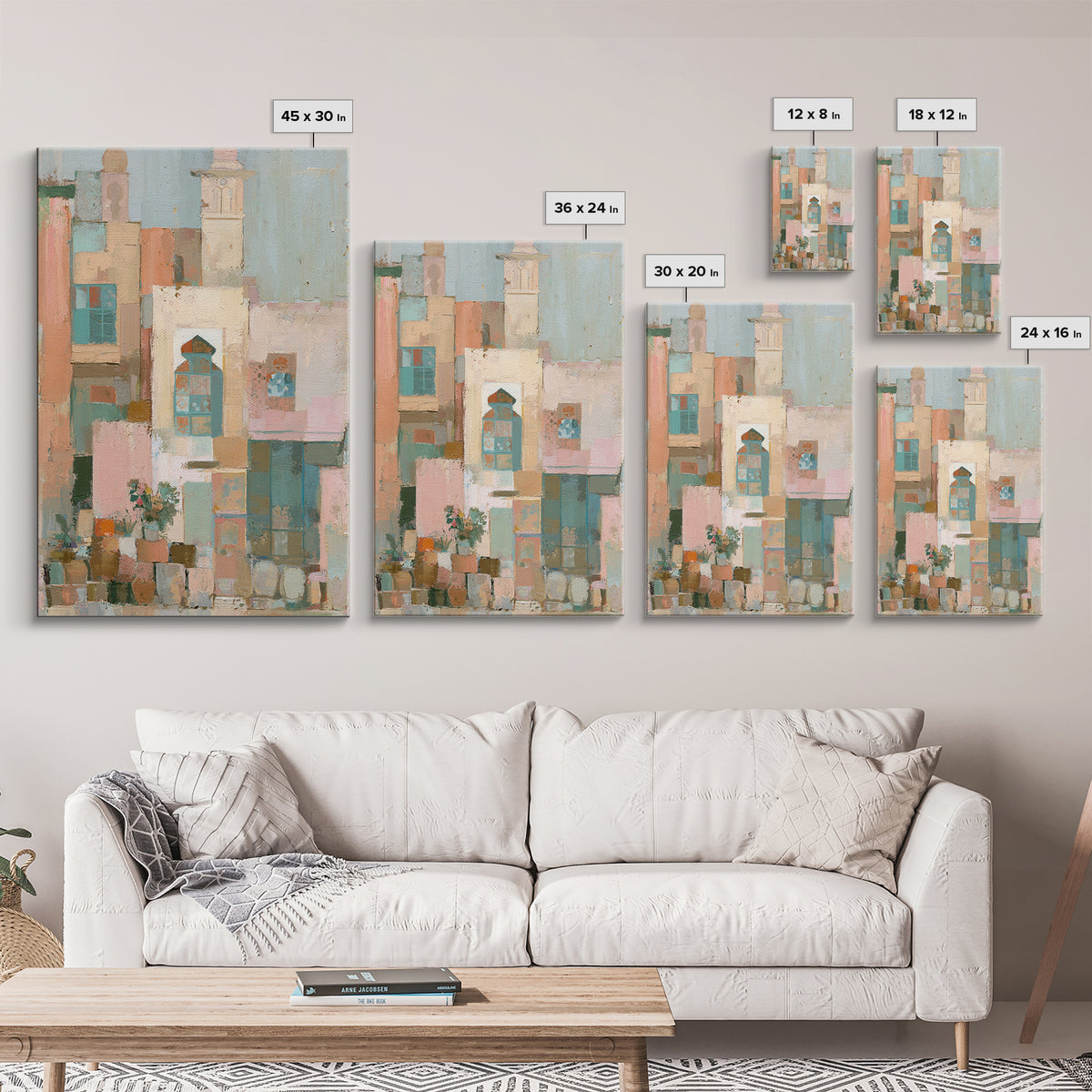 Naive Cityscape with Patterned Windows Framed Canvas Print, Eclectic Art, Original Art, Living Room Decor, Abstract Art, ECL-2x3-92