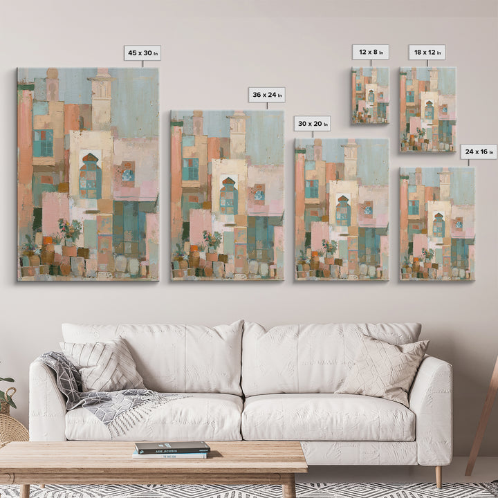 Naive Cityscape with Patterned Windows Framed Canvas Print, Eclectic Art, Original Art, Living Room Decor, Abstract Art, ECL-2x3-92
