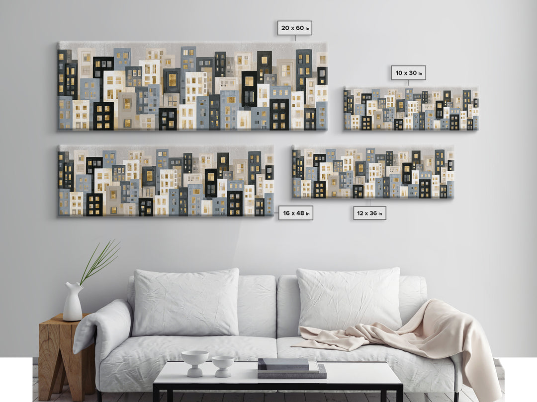 Naive Cityscape with Patterned Windows Framed Canvas Print, Eclectic Art, Gallery Decor, Living Room Decor, Oil Painting, ECL-3x1-28