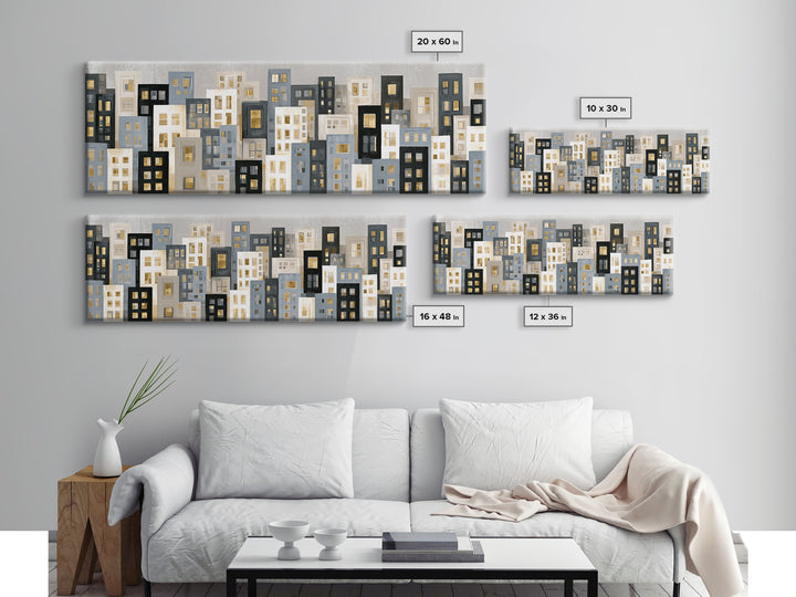 Naive Cityscape with Patterned Windows Framed Canvas Print, Eclectic Art, Gallery Decor, Living Room Decor, Oil Painting, ECL-3x1-28