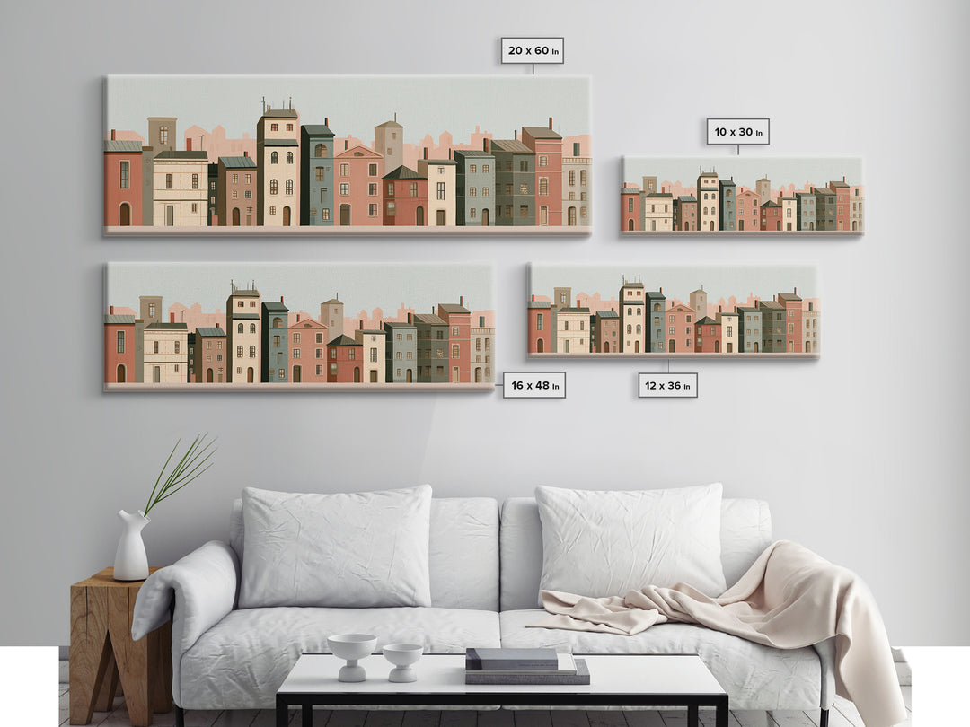 Naive Cityscape with Patterned Windows Canvas Print, Eclectic Art, Living Room Decor, Watercolor Art, Eclectic, ECL-3x1-4