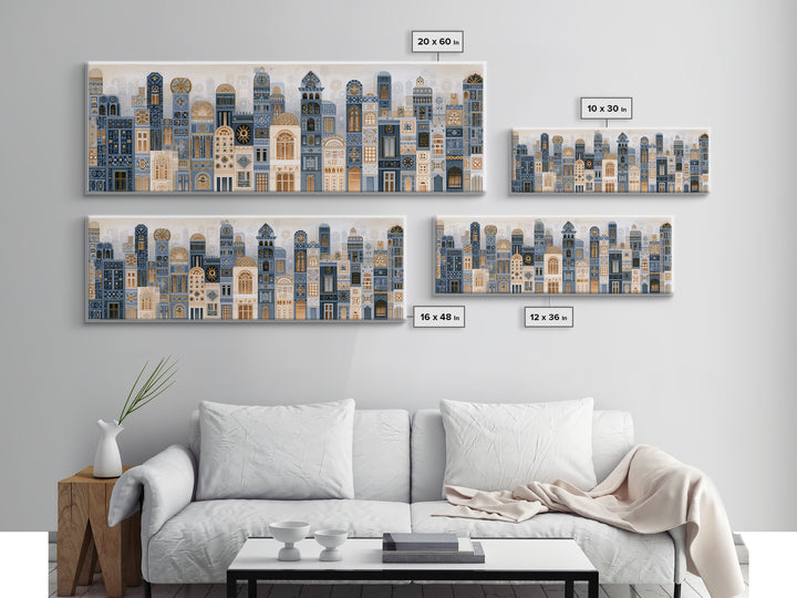 Naive Cityscape with Patterned Windows Framed Canvas Print, Eclectic Art, Home Decor, Living Room Decor, Abstract Art, Eclectic, ECL-3x1-52