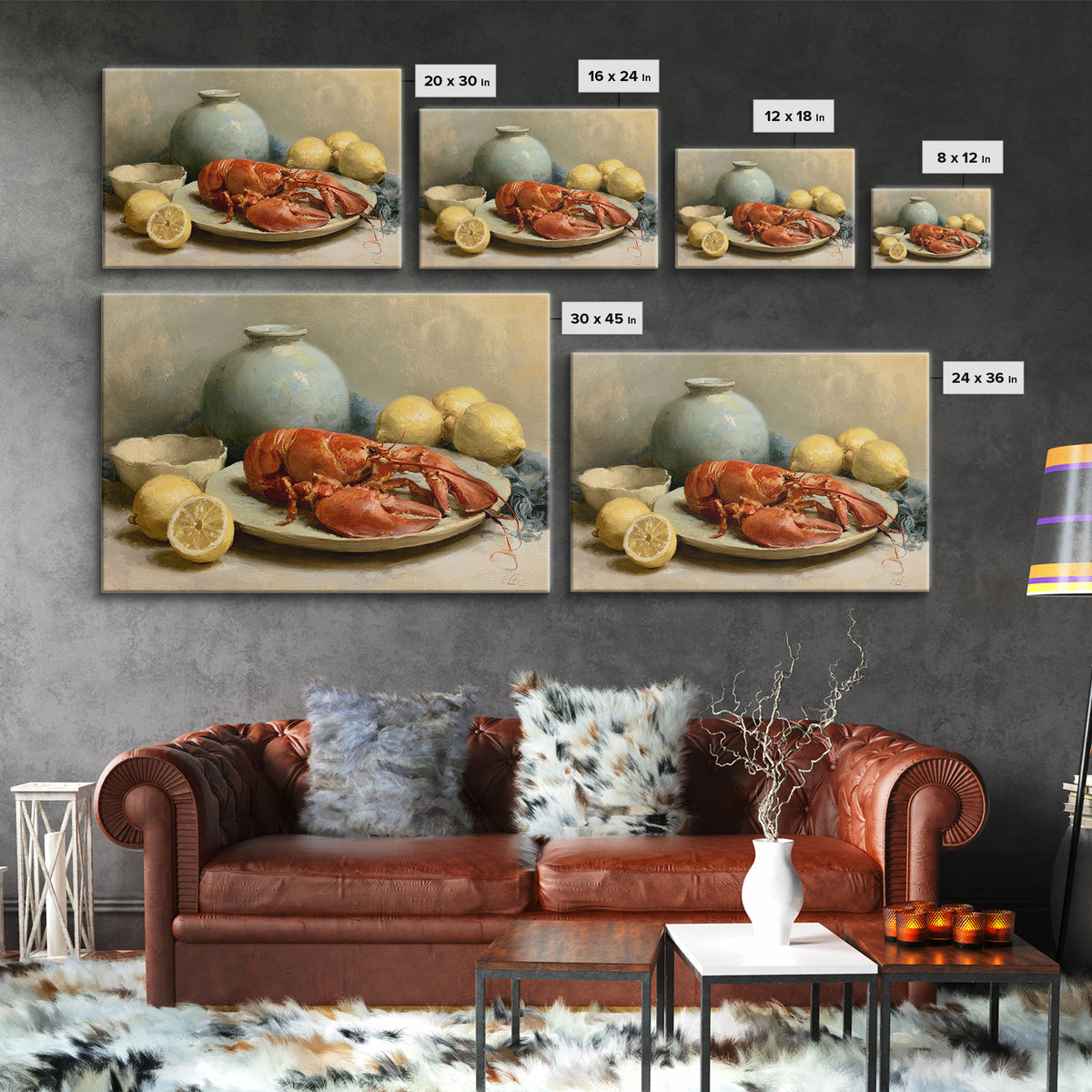Unexpected Lobster and Lemons Still Life Canvas Print, Eclectic Art, Boho Wall Art, Living Room Decor, Oil Painting, Eclectic, ECL-3x2-22