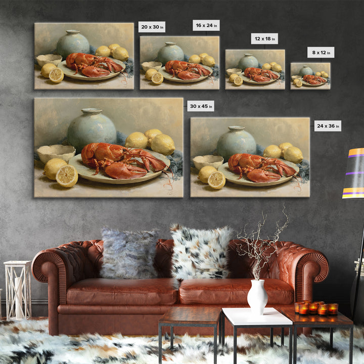 Unexpected Lobster and Lemons Still Life Canvas Print, Eclectic Art, Boho Wall Art, Living Room Decor, Oil Painting, Eclectic, ECL-3x2-22