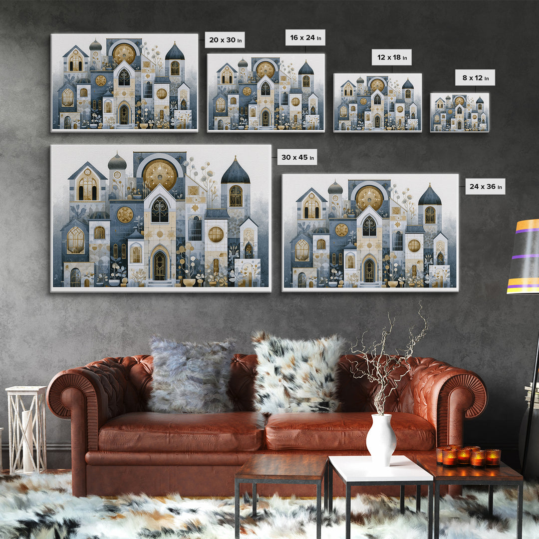 Naive Cityscape with Patterned Windows Framed Canvas Print, Eclectic Art, Art Prints, Living Room Decor, Oil Painting, Eclectic, ECL-3x2-40