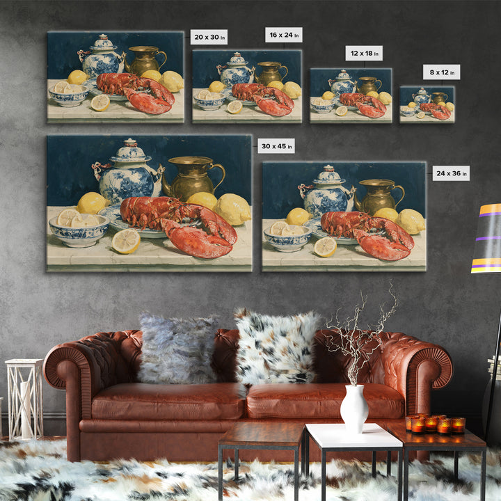 Unexpected Lobster and Lemons Still Life Framed Canvas Print, Eclectic Art, Neutral Decor, Living Room Decor, Eclectic, ECL-3x2-46
