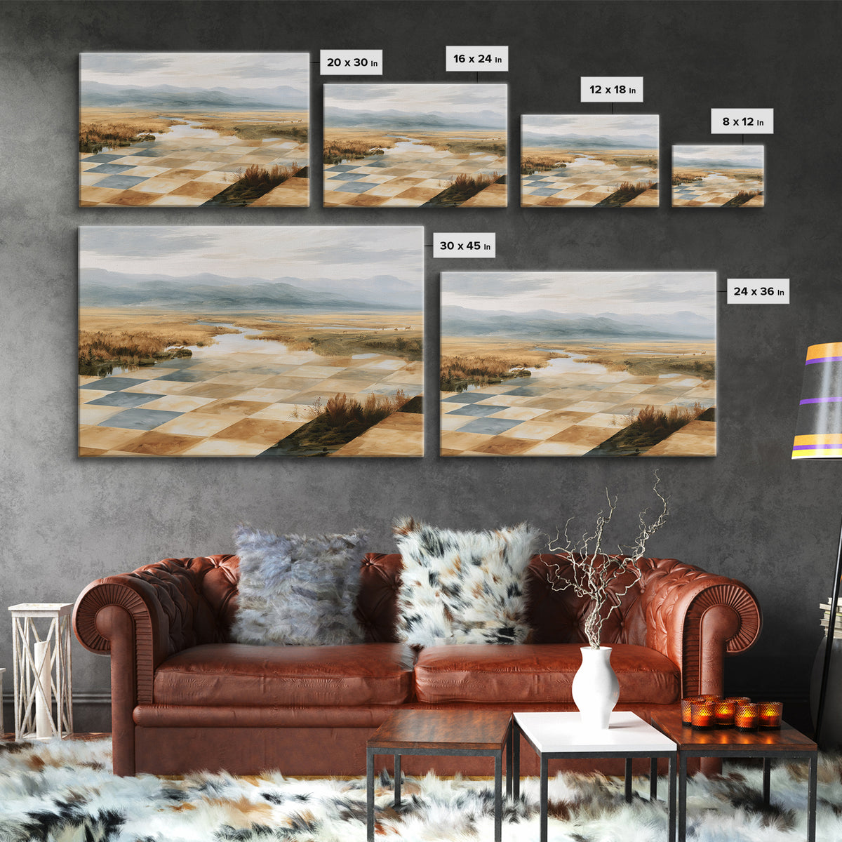Playful Checkerboard Landscape Canvas Print, Eclectic Art, Art, Living Room Decor, Fine Art, Eclectic, Large Wall Art, ECL-3x2-61