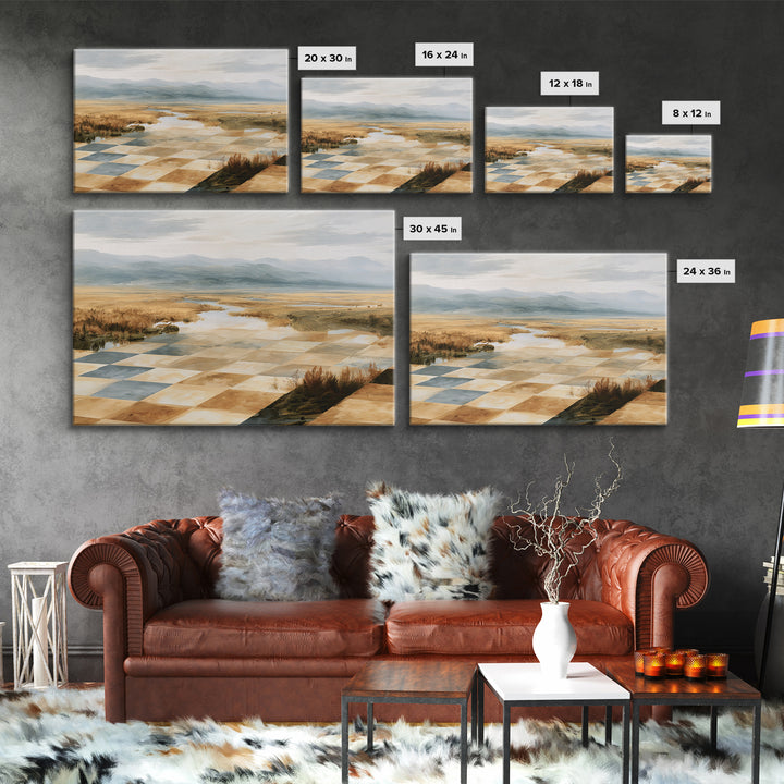 Playful Checkerboard Landscape Canvas Print, Eclectic Art, Art, Living Room Decor, Fine Art, Eclectic, Large Wall Art, ECL-3x2-61