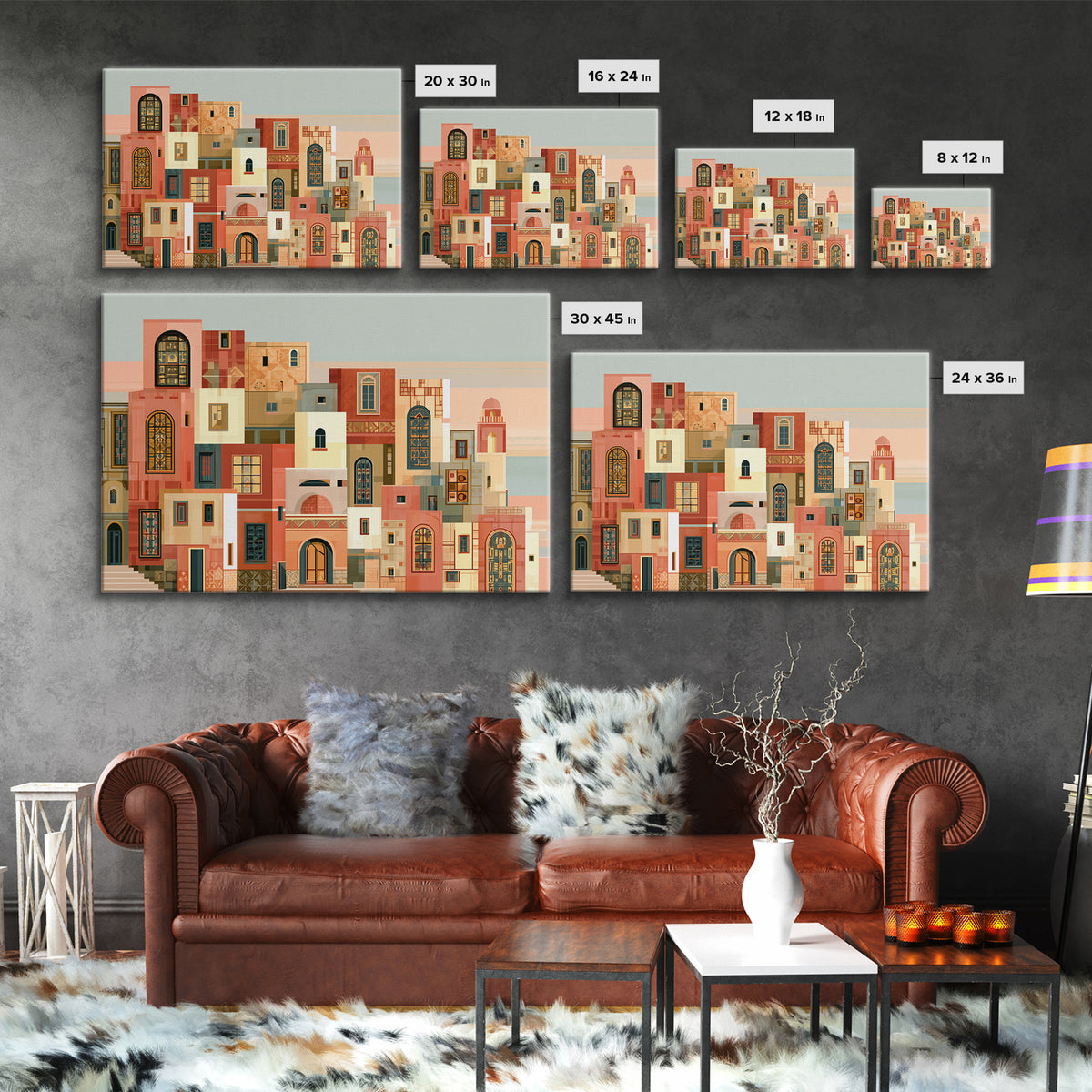 Naive Cityscape with Patterned Windows Framed Canvas Print, Eclectic Art, Original Art, Living Room Decor, Abstract Art, ECL-3x2-64