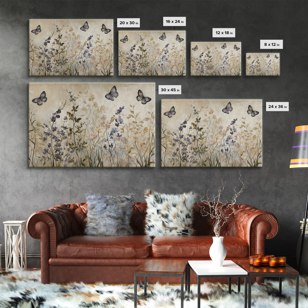 Botanical Collage with Butterflies and Old Paper Framed Canvas Print, Eclectic Art, Wall Decor, Living Room Decor, Eclectic, ECL-3x2-65
