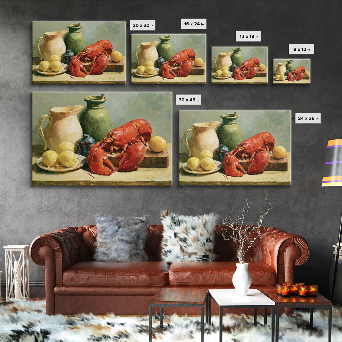 Unexpected Lobster and Lemons Still Life Framed Canvas Print, Eclectic Art, Neutral Decor, Living Room Decor, Eclectic, ECL-3x2-70