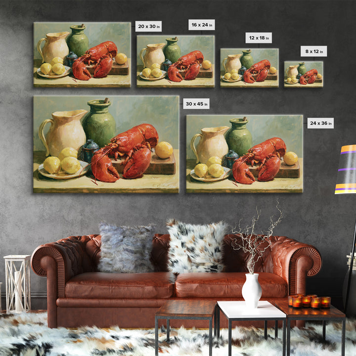 Unexpected Lobster and Lemons Still Life Framed Canvas Print, Eclectic Art, Neutral Decor, Living Room Decor, Eclectic, ECL-3x2-70