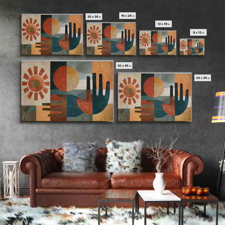 Geometric Sun and Hand Motif Framed Canvas Print, Eclectic Art, Minimalist Decor, Living Room Decor, Abstract Art, Eclectic, ECL-3x2-91