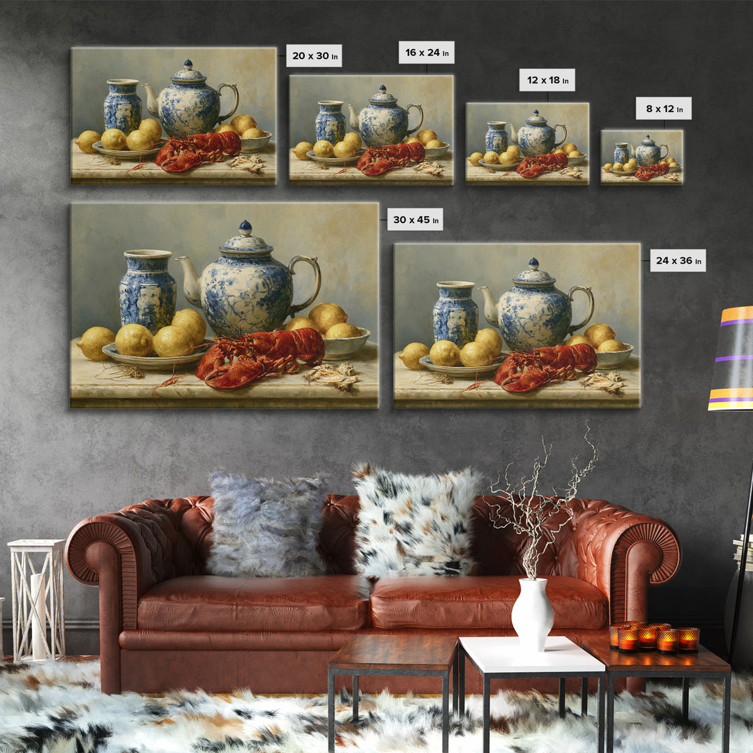 Unexpected Lobster and Lemons Still Life Canvas Print, Eclectic Art, Living Room Decor, Abstract Art, Eclectic, ECL-3x2-94