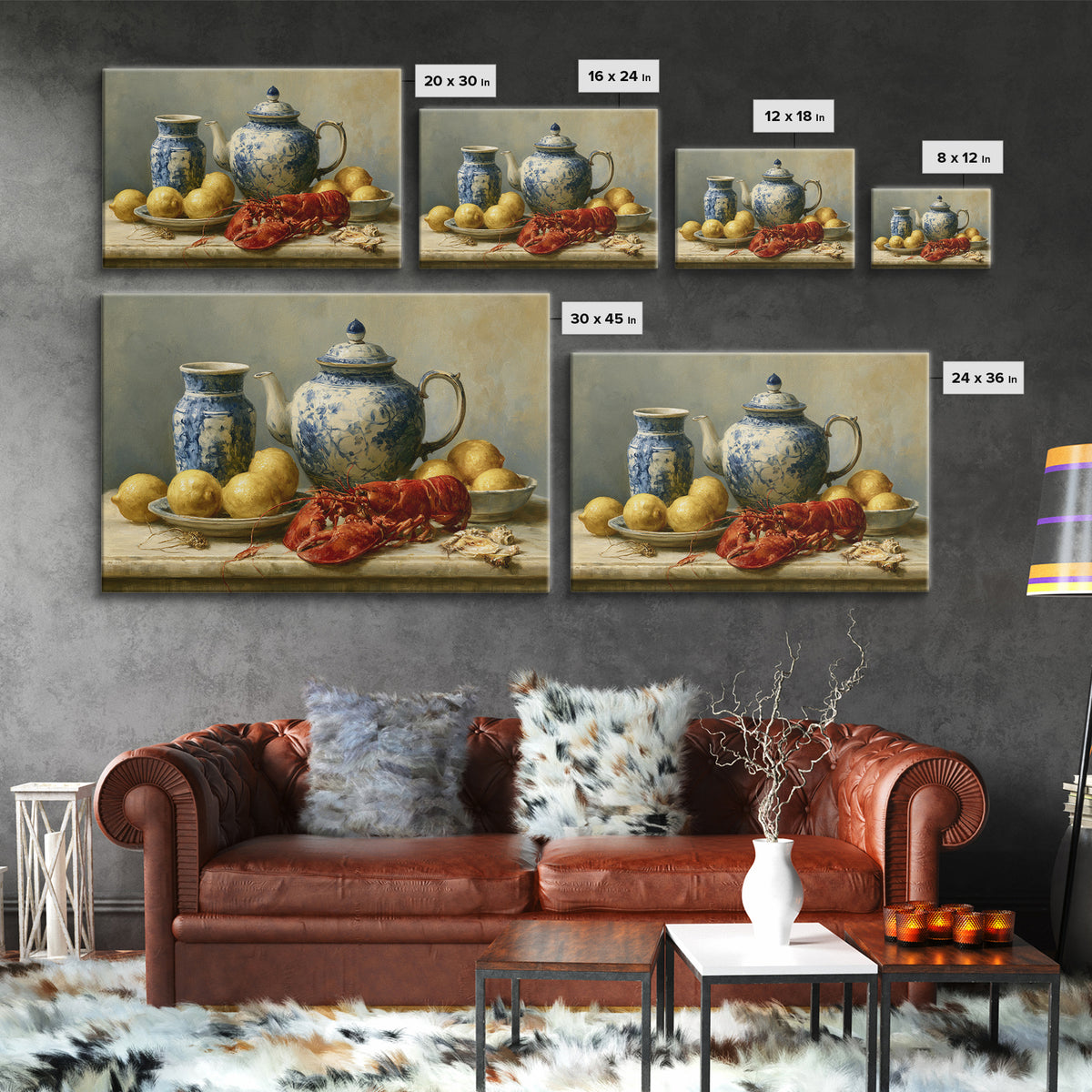 Unexpected Lobster and Lemons Still Life Canvas Print, Eclectic Art, Living Room Decor, Abstract Art, Eclectic, ECL-3x2-94