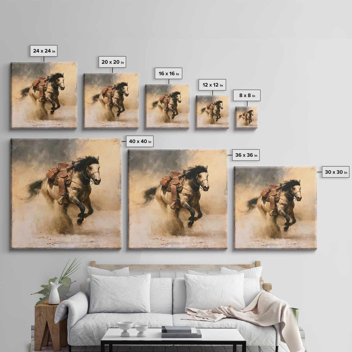 Galloping Horse in Golden Dust and Sunlight Canvas Print, Equestrian Art, Gallery Wall Art, Living Room Decor, Equestrian, EQU-1x1-1