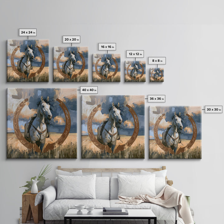 Equestrian Crest with Laurel and Horseshoe Canvas Print, Equestrian Art, Western Decor, Living Room Decor, Oil Painting, EQU-1x1-22