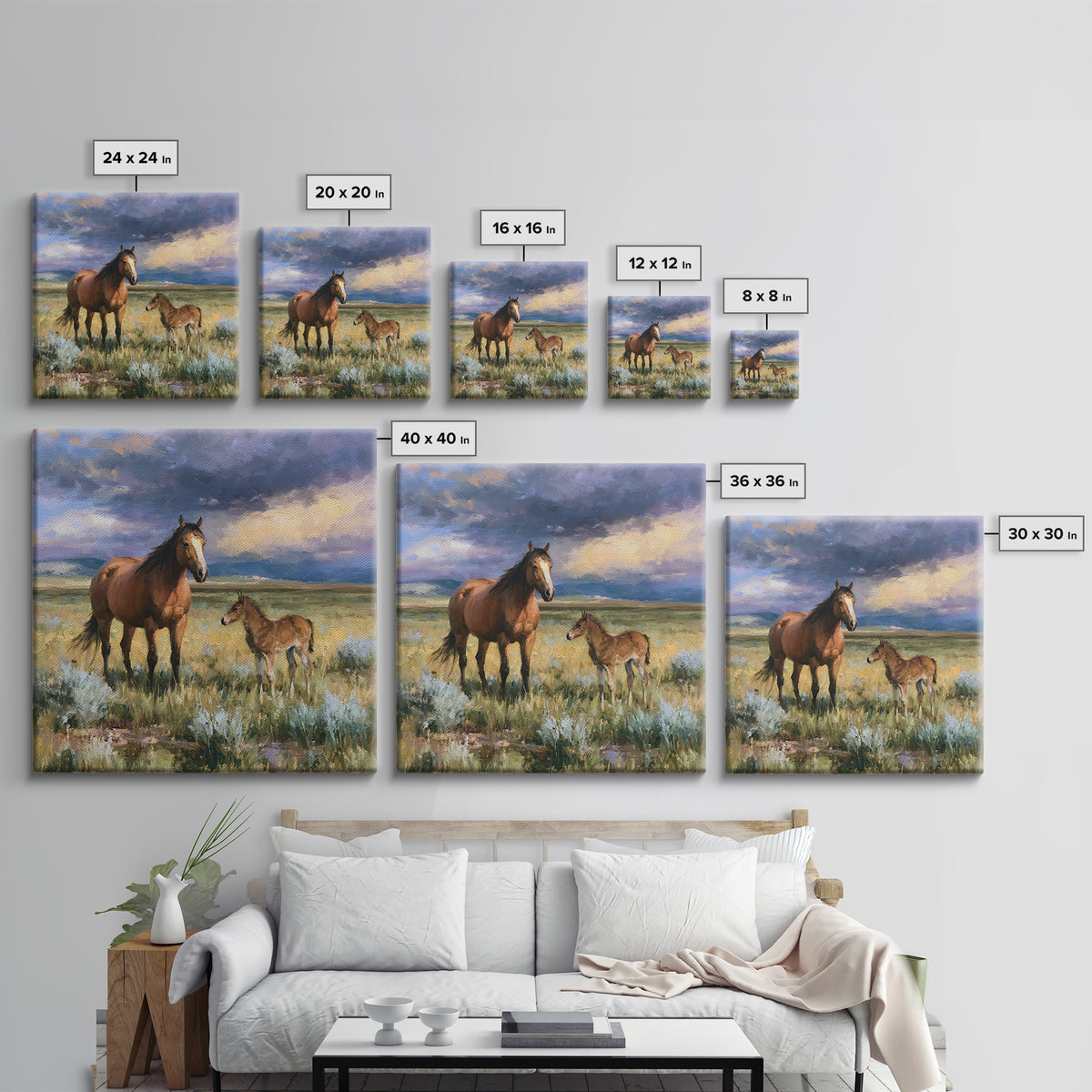 Horse and Foal Canvas Print, Equestrian Art, Digital Print, Living Room Decor, Equestrian, Moody Wall Art, Green Wall Art, EQU-1x1-36