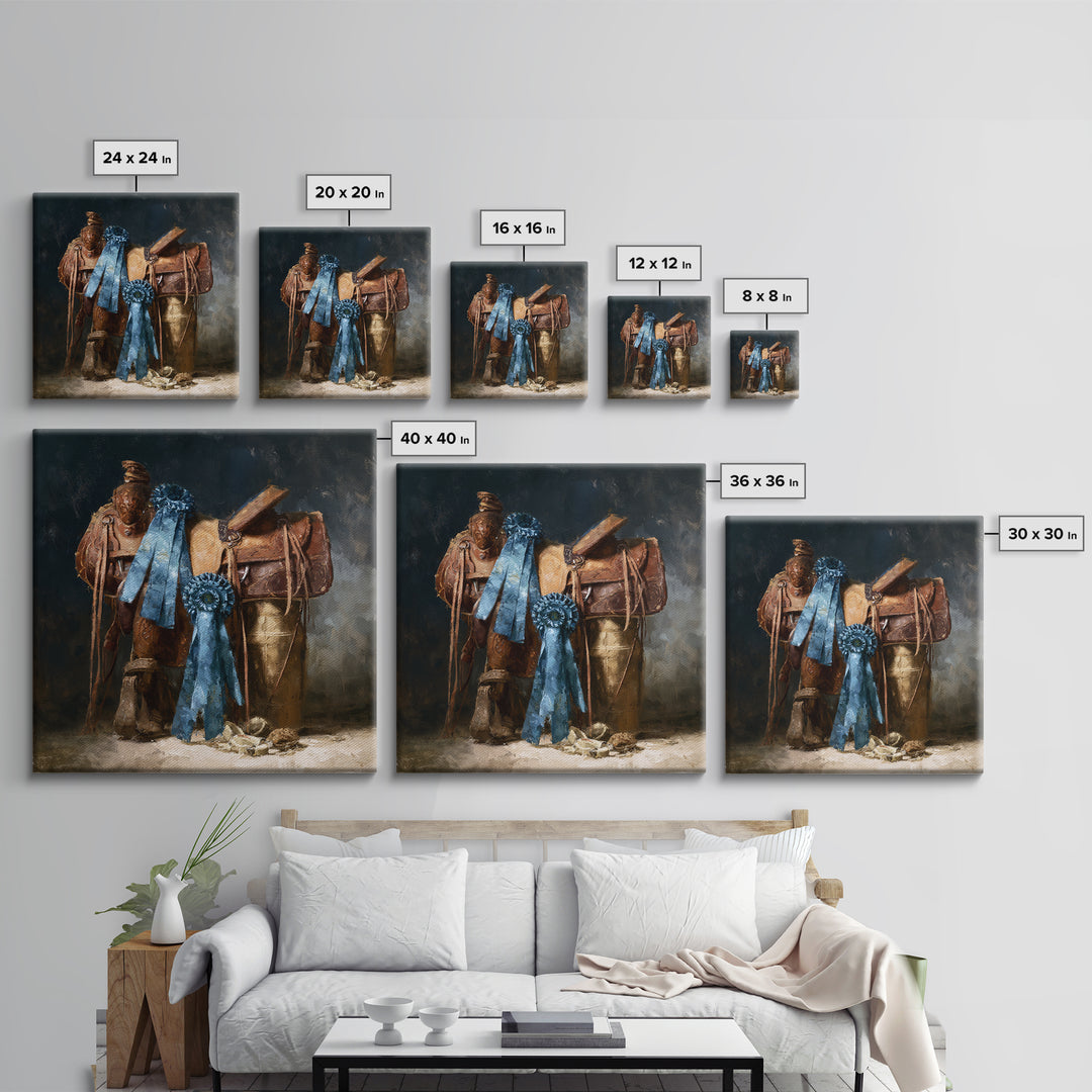 Blue Ribbon and Saddle Competition Still Life Canvas Print, Equestrian Art, Gallery Decor, Living Room Decor, Equestrian, EQU-1x1-41