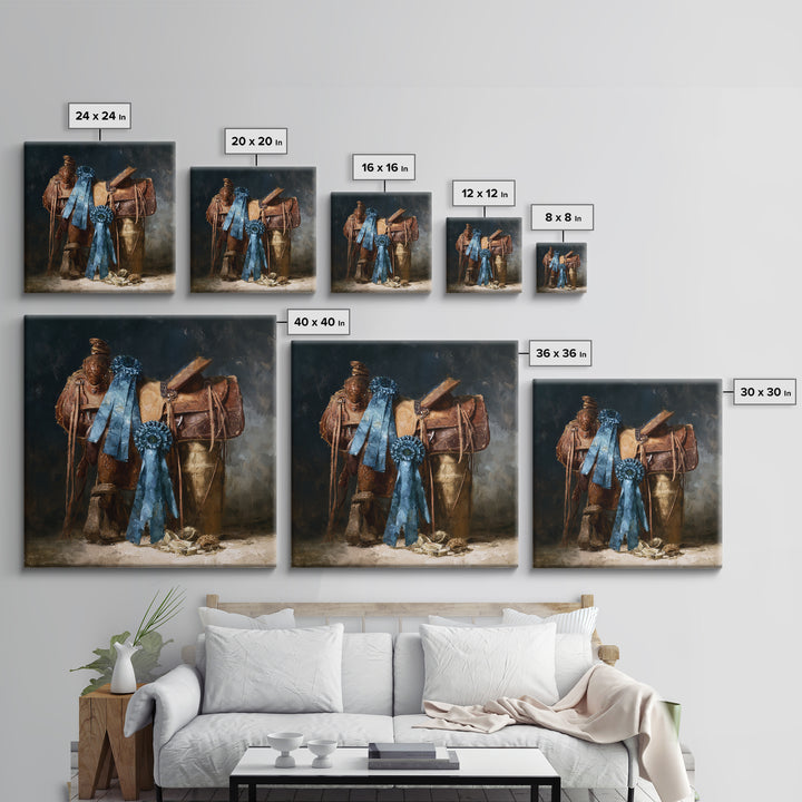 Blue Ribbon and Saddle Competition Still Life Canvas Print, Equestrian Art, Gallery Decor, Living Room Decor, Equestrian, EQU-1x1-41