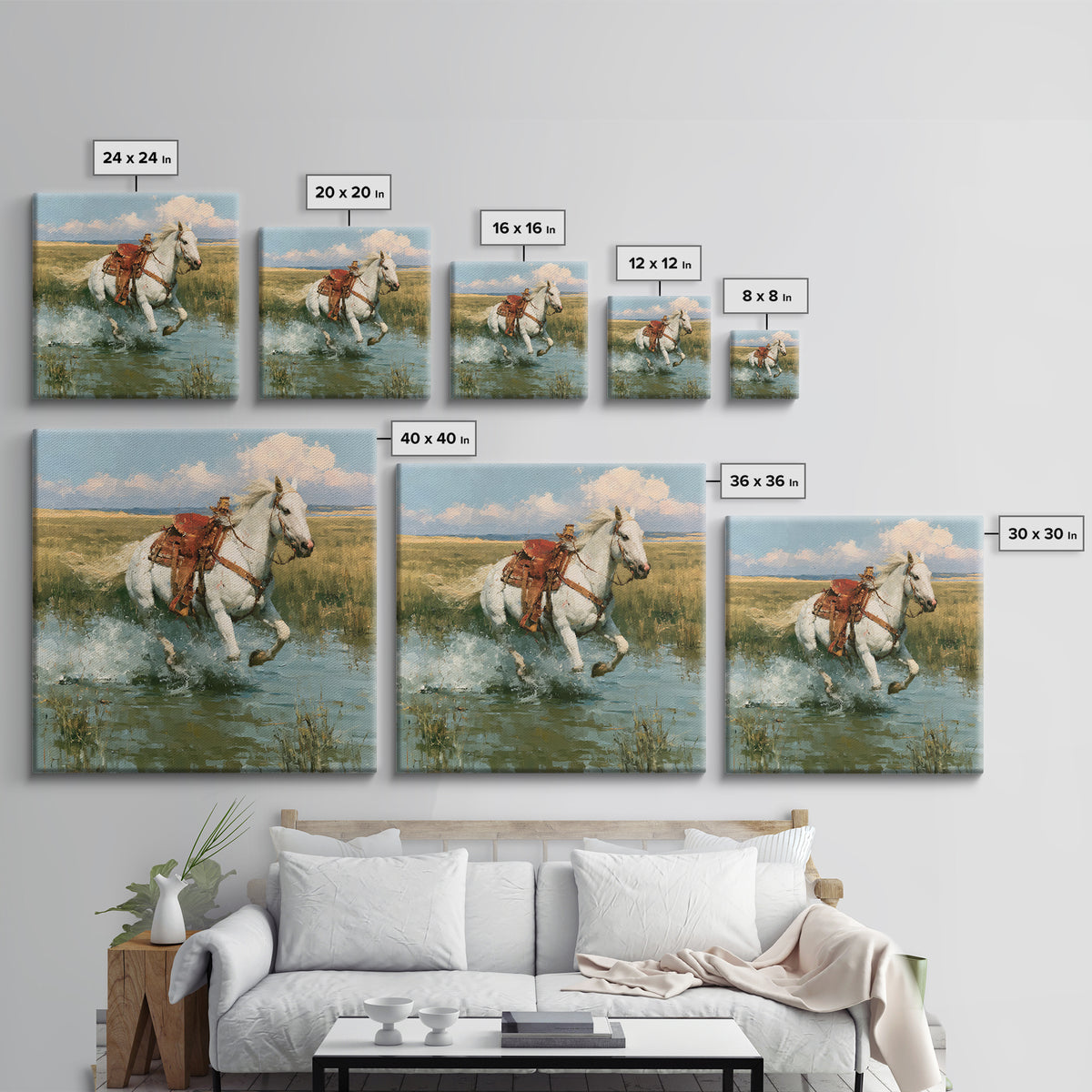 White Horse Running Through Shallow Water Canvas Print, Equestrian Art, Retro Poster, Living Room Decor, Fine Art, Equestrian, EQU-1x1-5