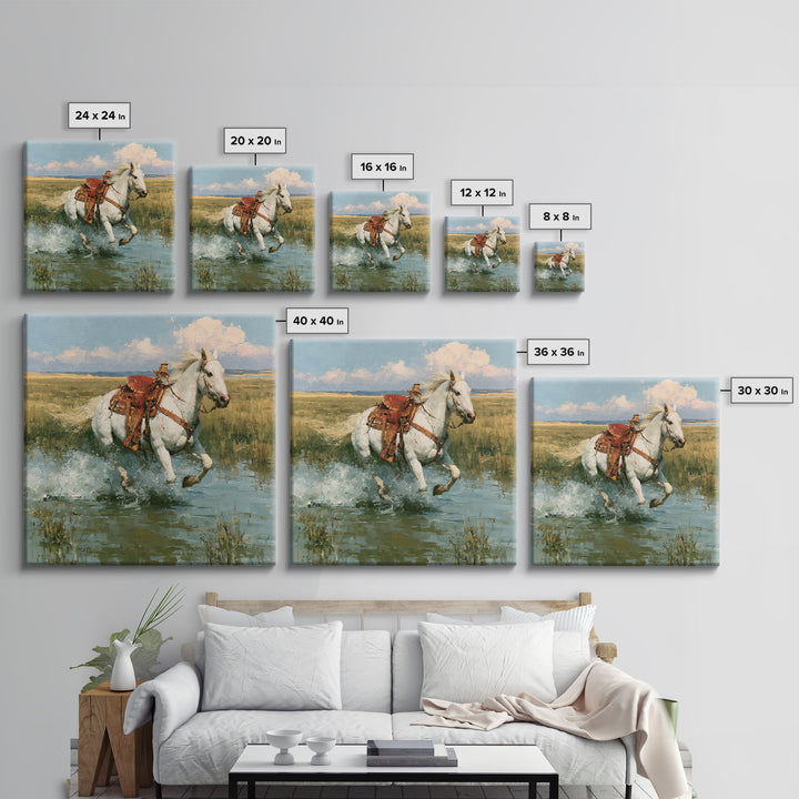 White Horse Running Through Shallow Water Canvas Print, Equestrian Art, Retro Poster, Living Room Decor, Fine Art, Equestrian, EQU-1x1-5