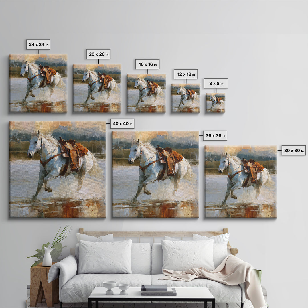 White Horse Running Through Shallow Water Framed Canvas Print, Equestrian Art, Fine Art Print, Living Room Decor, Equestrian, EQU-1x1-53