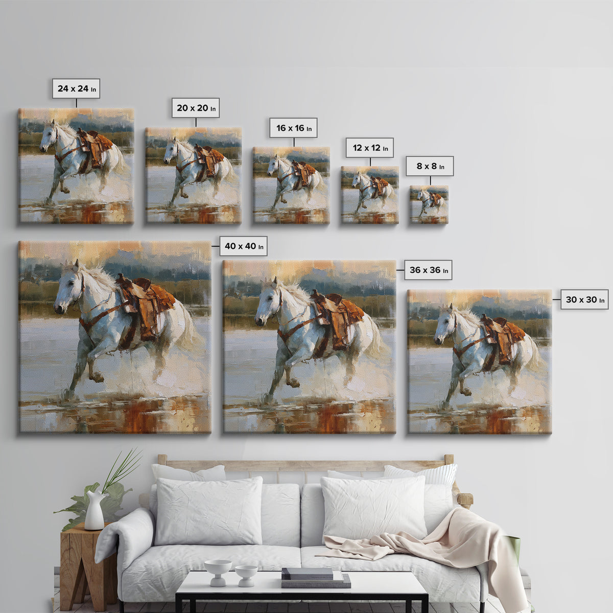 White Horse Running Through Shallow Water Framed Canvas Print, Equestrian Art, Fine Art Print, Living Room Decor, Equestrian, EQU-1x1-53